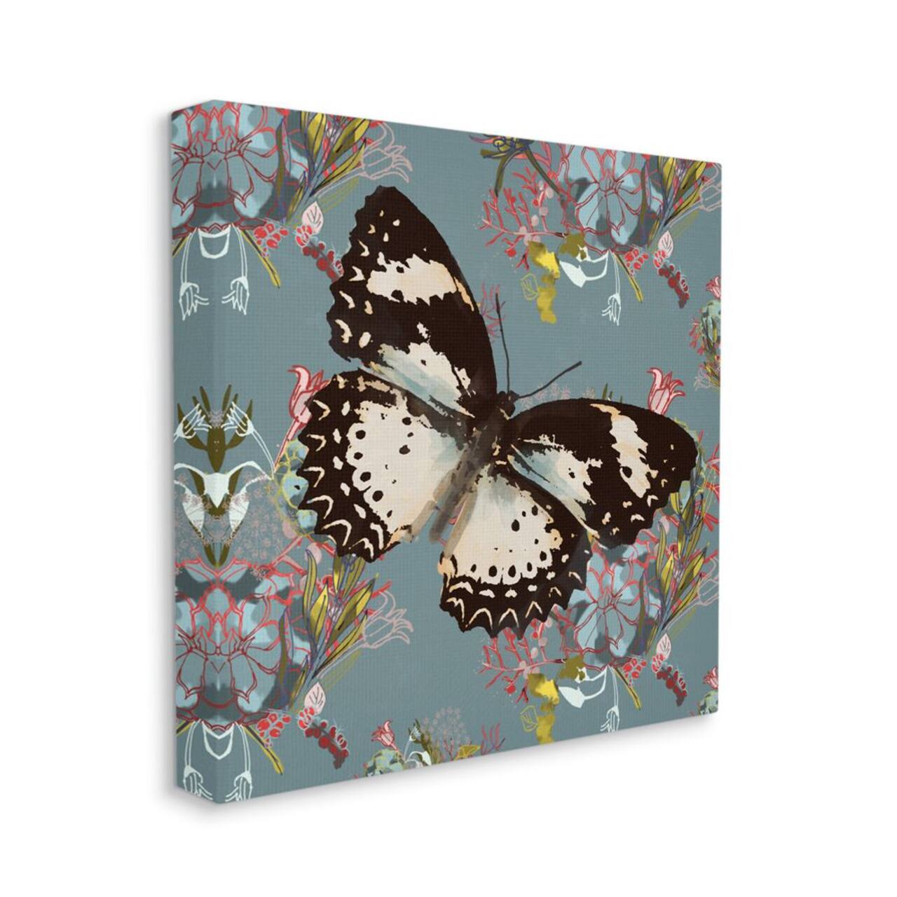 Stupell Industries Butterfly On Blue Pink Pattern Abstract Design Canvas Wall Art